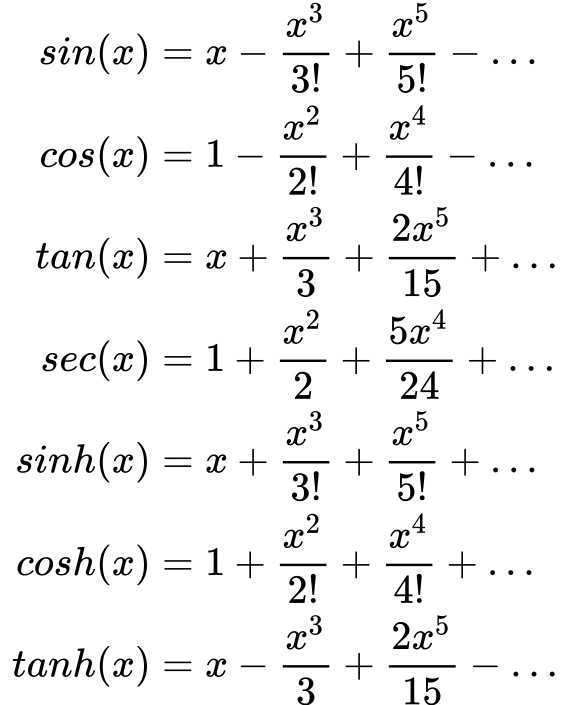 sin(x),cos(x),tan(x),sec(x),sinh(x),cosh(x),tanh(x)